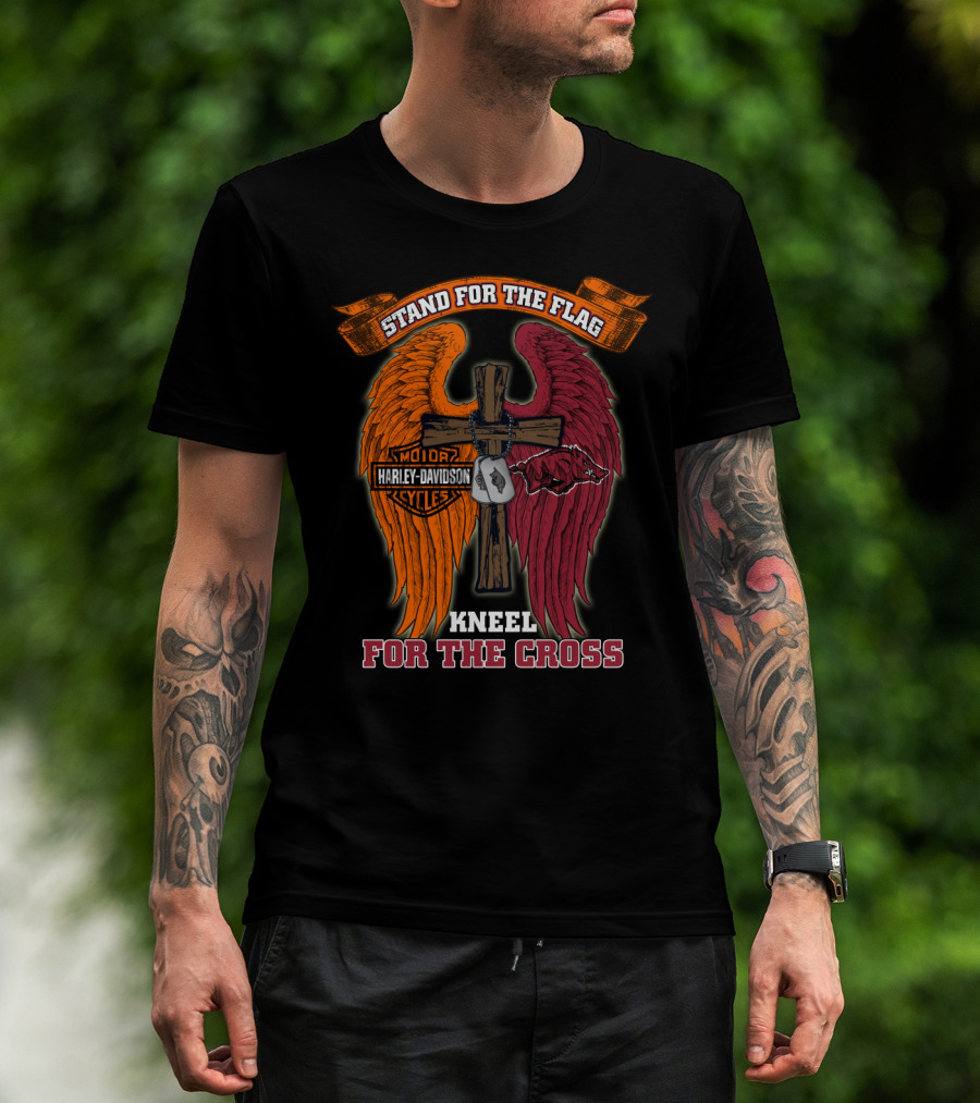 Stand For The Flag Kneel For The Cross Harley Davidson Arkansas Razorbacks T-Shirt