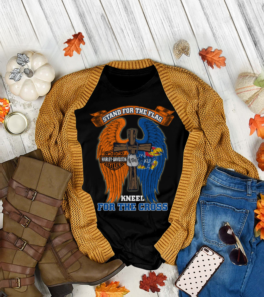Stand For The Flag Kneel For The Cross Harley Davidson Motorcycles Kansas Jayhawks Ku T-Shirt