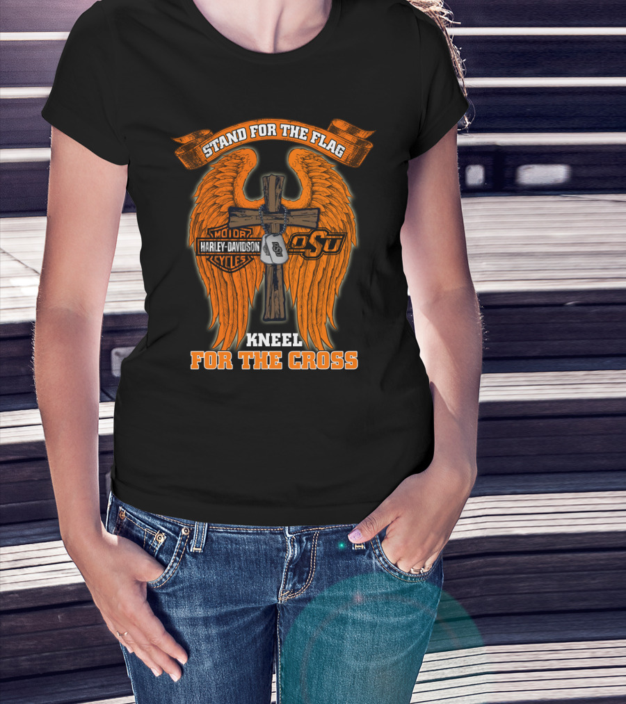 Stand For The Flag Kneel For The Cross Harley Davidson Osu Oklahoma State Cowboys T-Shirt