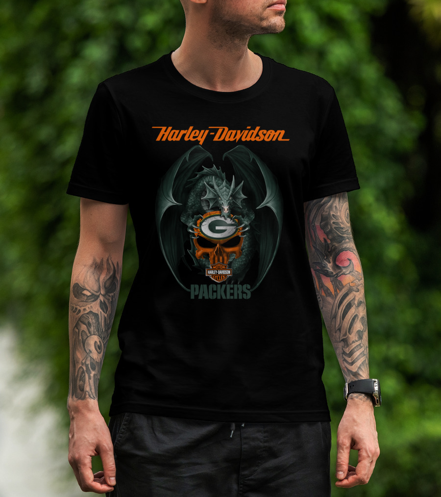 Harley Davidson Green Bay Packers Dragon Motorcycles T-Shirt