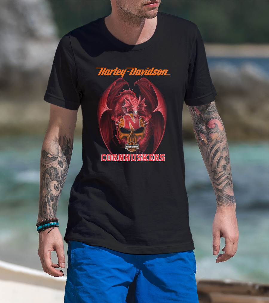 Harley Davidson Nebraska Cornhuskers Dragon Motorcycle Cycles T-Shirt