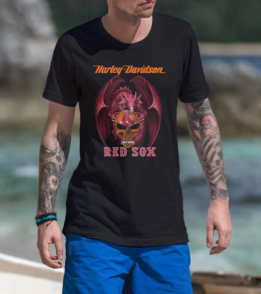 Harley Davidson Red Sox Dragon Skull Motor Cycles T-Shirt