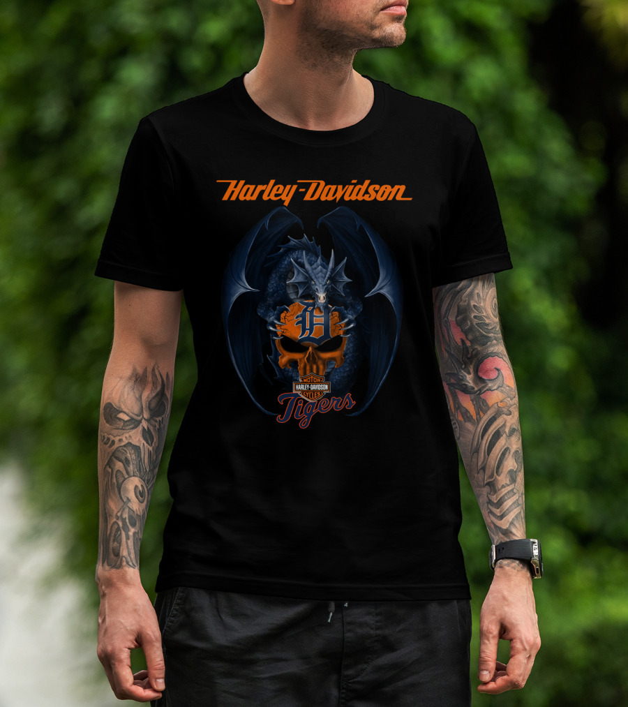 Harley Davidson Detroit Tigers Dragon Motor Cycles T-Shirt