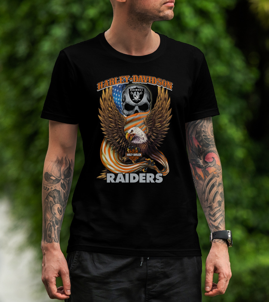 Harley Davidson Raiders Eagle American Flag Skull Nfl Oakland Raiders T-Shirt