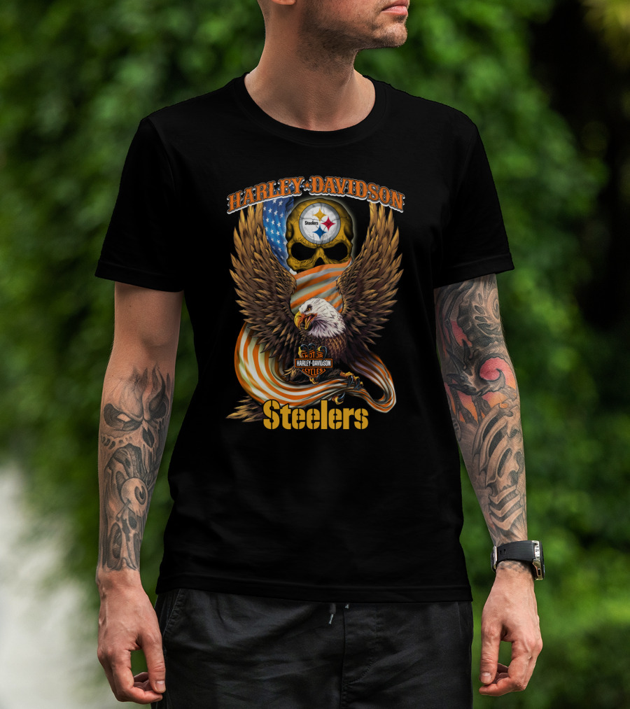 Harley Davidson Steelers Skull Eagle American Flag Pittsburgh Nfl T-Shirt