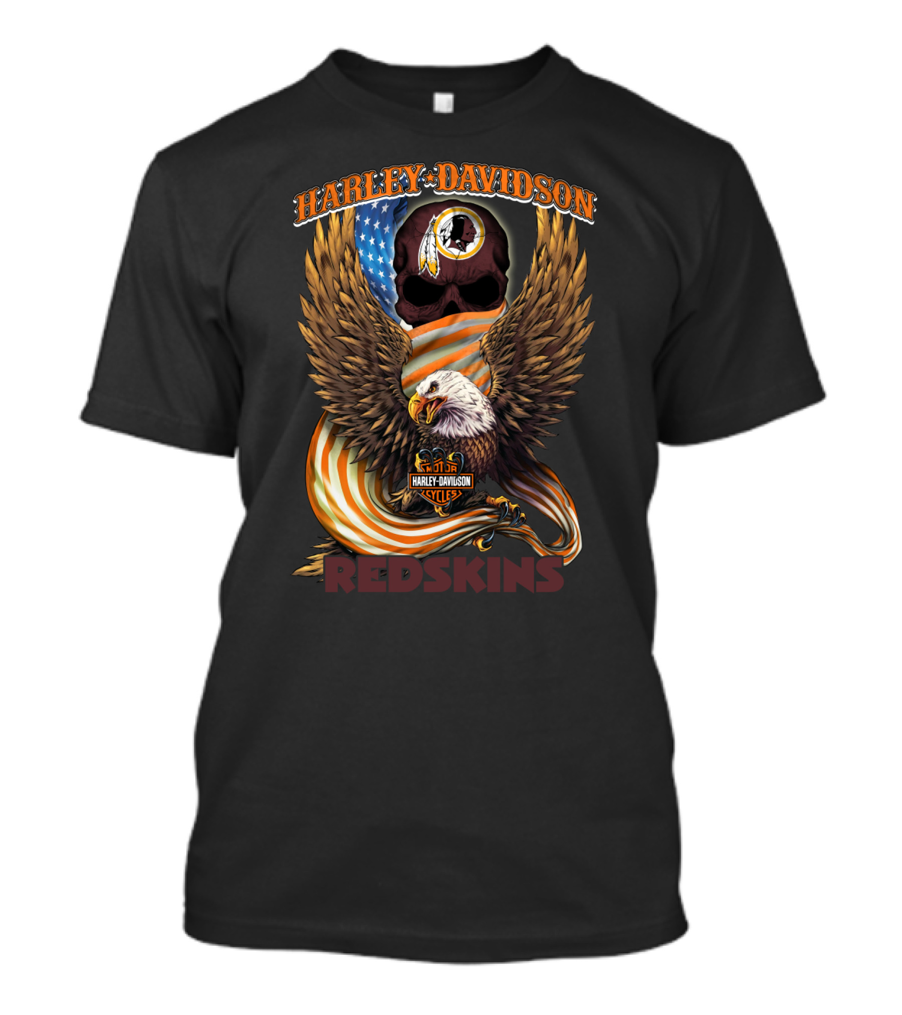 Harley Davidson Cycles Redskins Eagle And Skull Icon With American Flag T-Shirt
