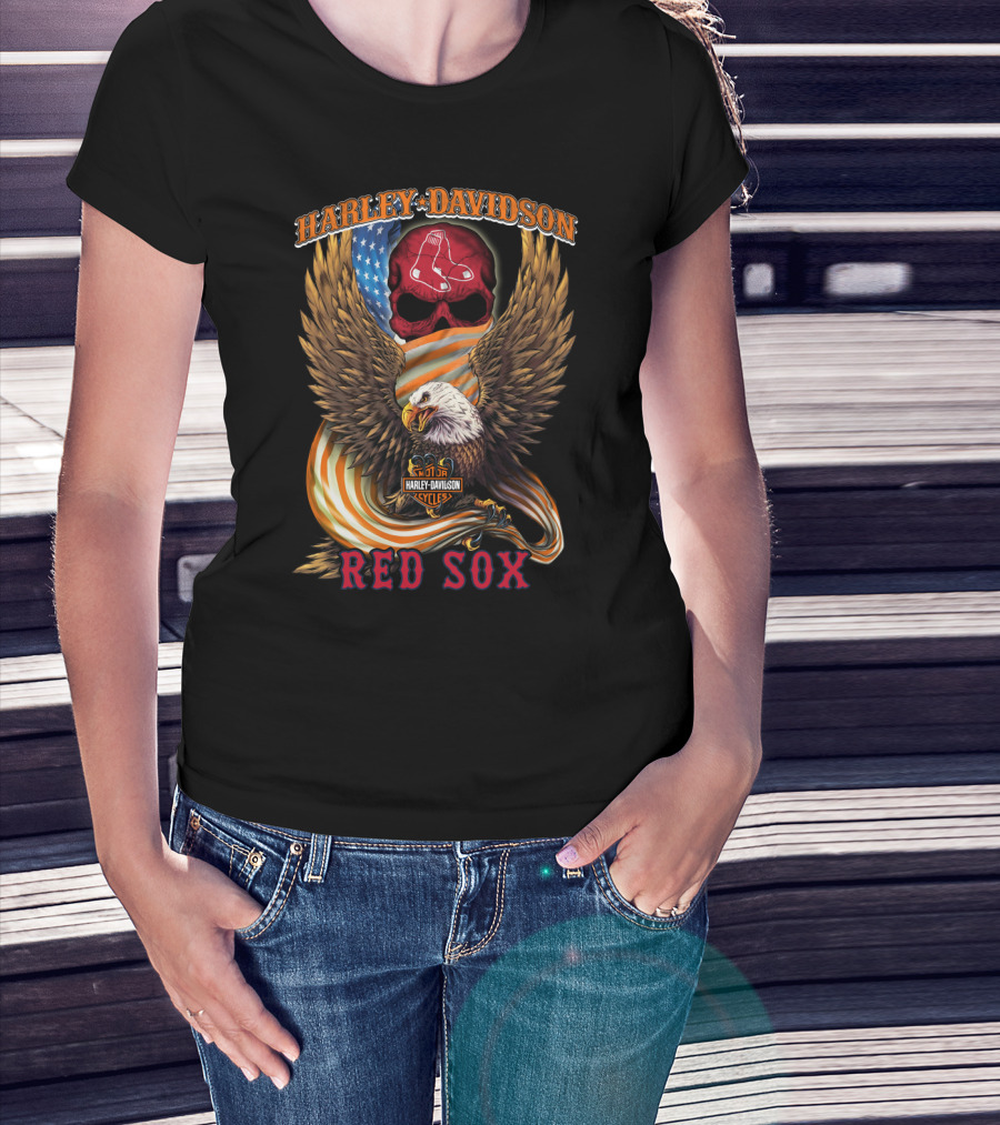 Harley Davidson Boston Red Sox Eagle Skull American Flag Cycles T-Shirt