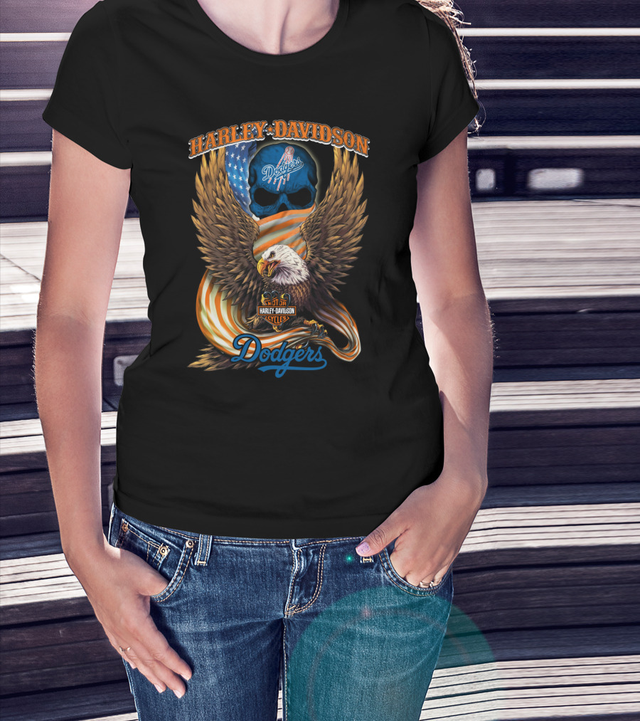 Harley Davidson Dodgers Mlb Skull Eagle American Flag Cycles Dodgers T-Shirt