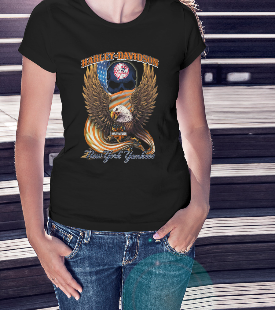 Harley Davidson New York Yankees Bald Eagle American Flag T-Shirt