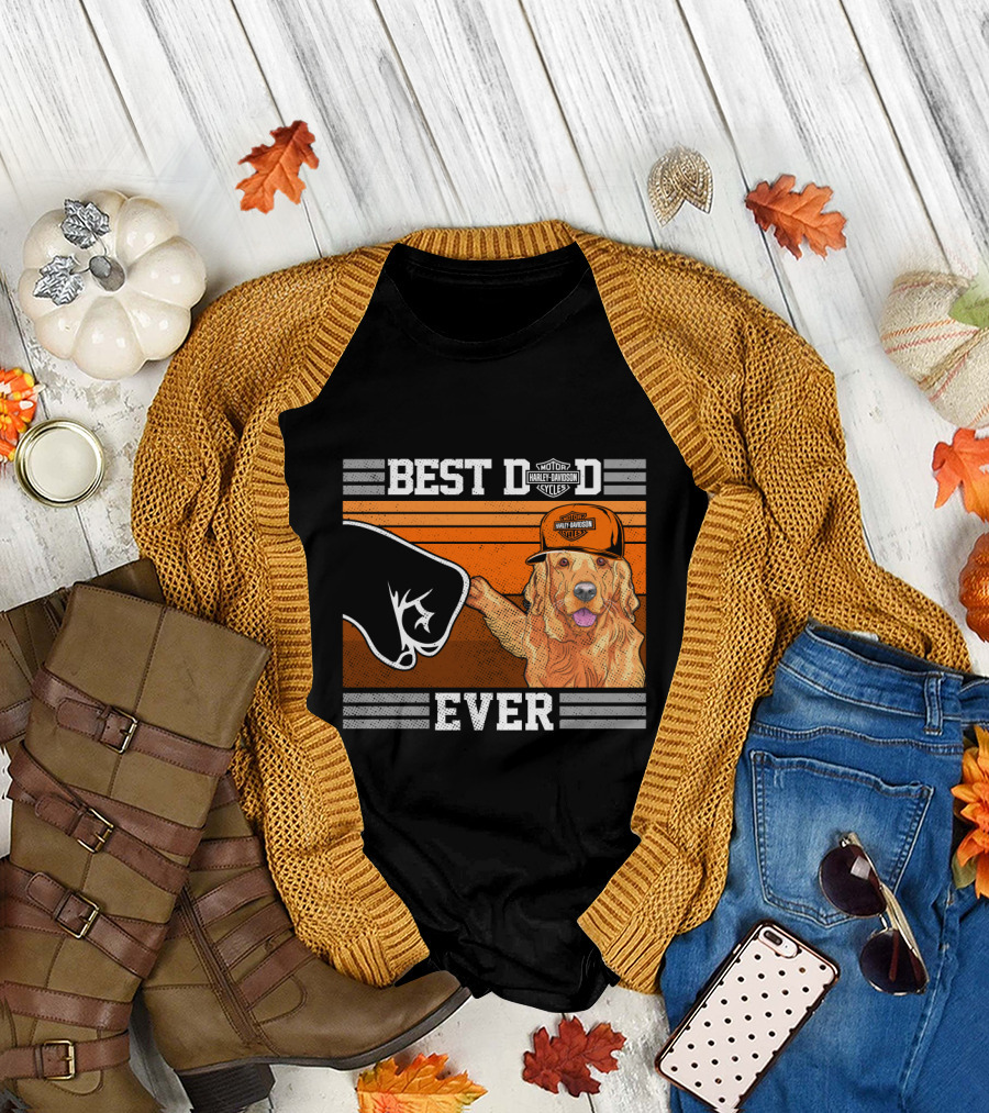 Best Dad Ever Motor Harley Davidson Cycles Golden Retriever Hat Fist Bump T-Shirt