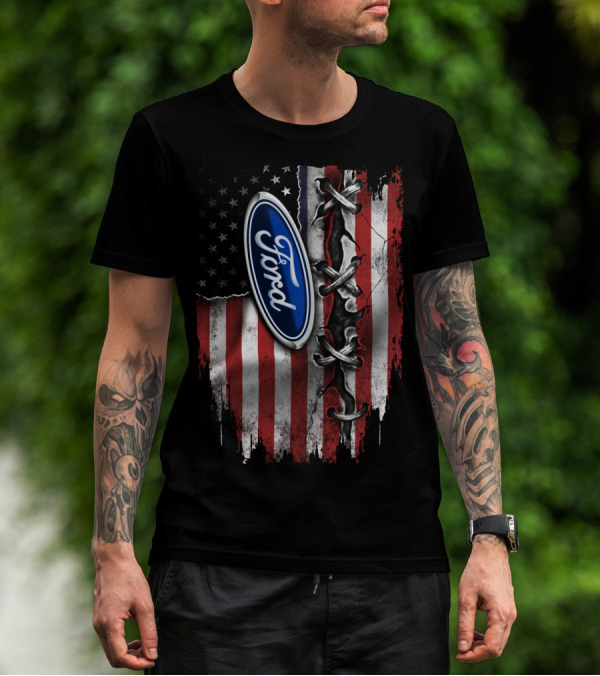 Ford American Flag Distressed Laced T-Shirt