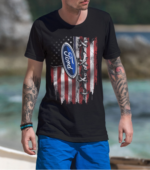 Ford American Flag Distressed Laced T-Shirt