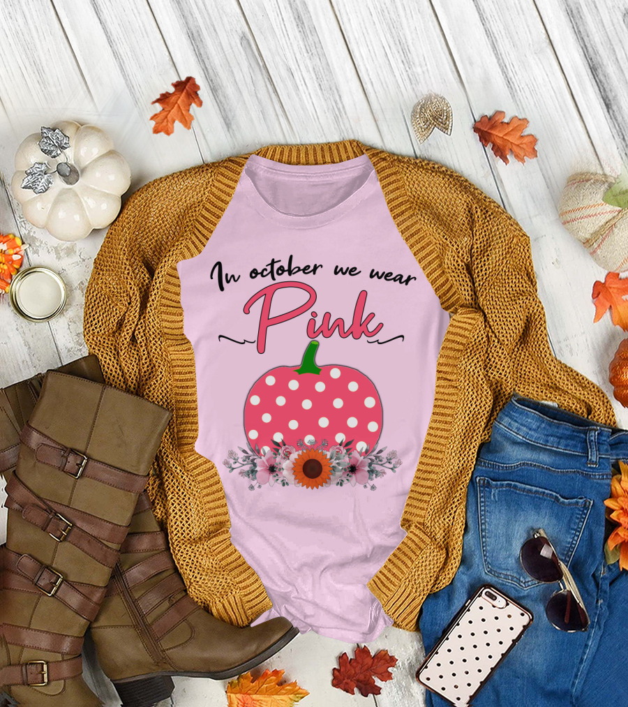 In October We Wear Pink Polka Dot Pumpkin with Flowers Breast Cancer Awareness T-Shirt