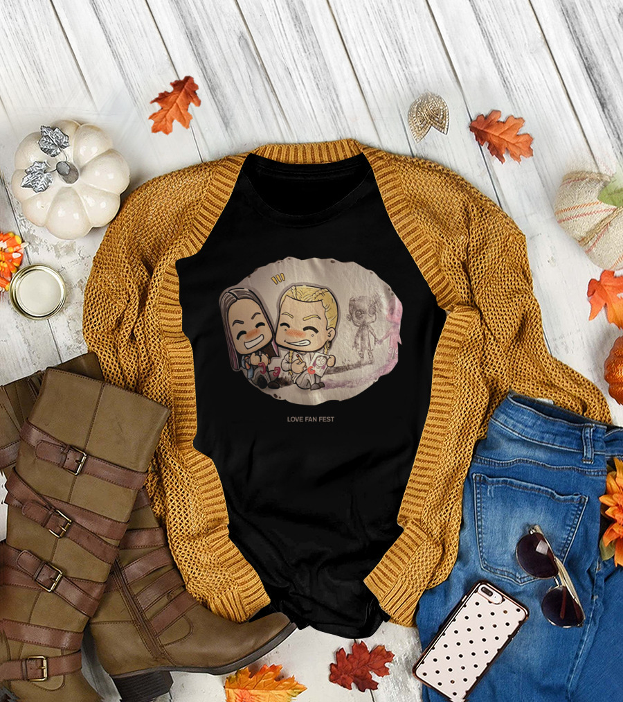LOVE FAN FEST Cartoon Characters Holding Ice Cream with Smiling Face and Pop Culture Sketch Background T-Shirt