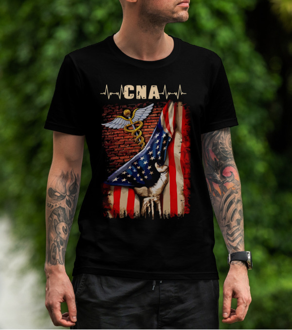 CNA Nurse American Flag Caduceus Symbol With Heartbeat T-Shirt