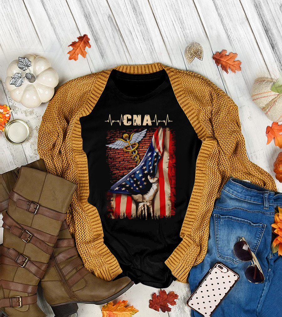CNA Nurse American Flag Caduceus Symbol with Heartbeat T-Shirt