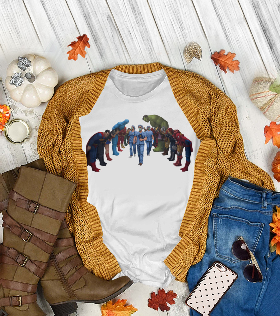 Healthcare Super Heroes Surrounded by Iconic Superhero Characters T-Shirt