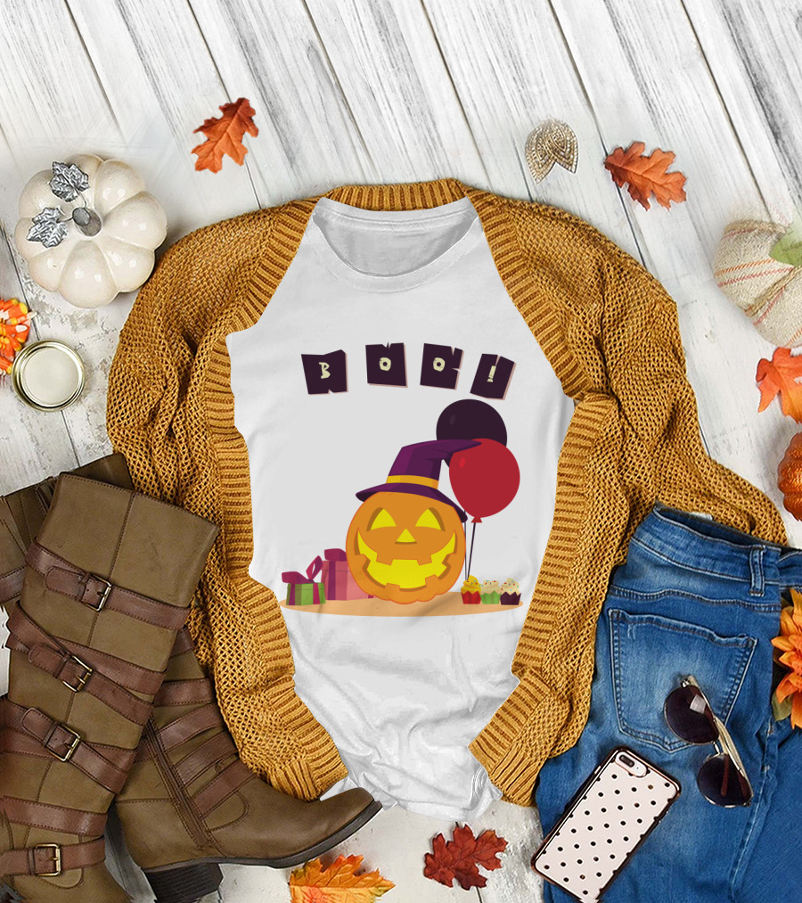 Boo Pumpkin Party with Witch Hat, Balloons, and Gifts T-Shirt