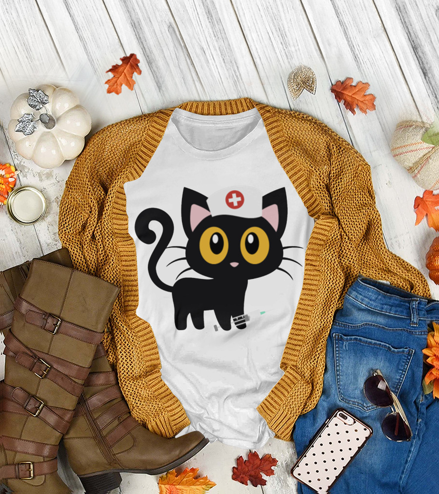 Cat Nurse Cute Black Cat with Syringe and Nurse Hat T-Shirt