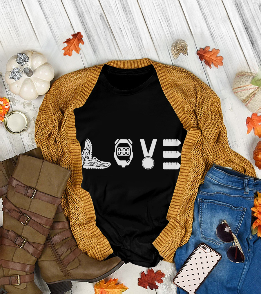 LOVE RUNNING Stopwatch Medal Shoes Bottles T-Shirt
