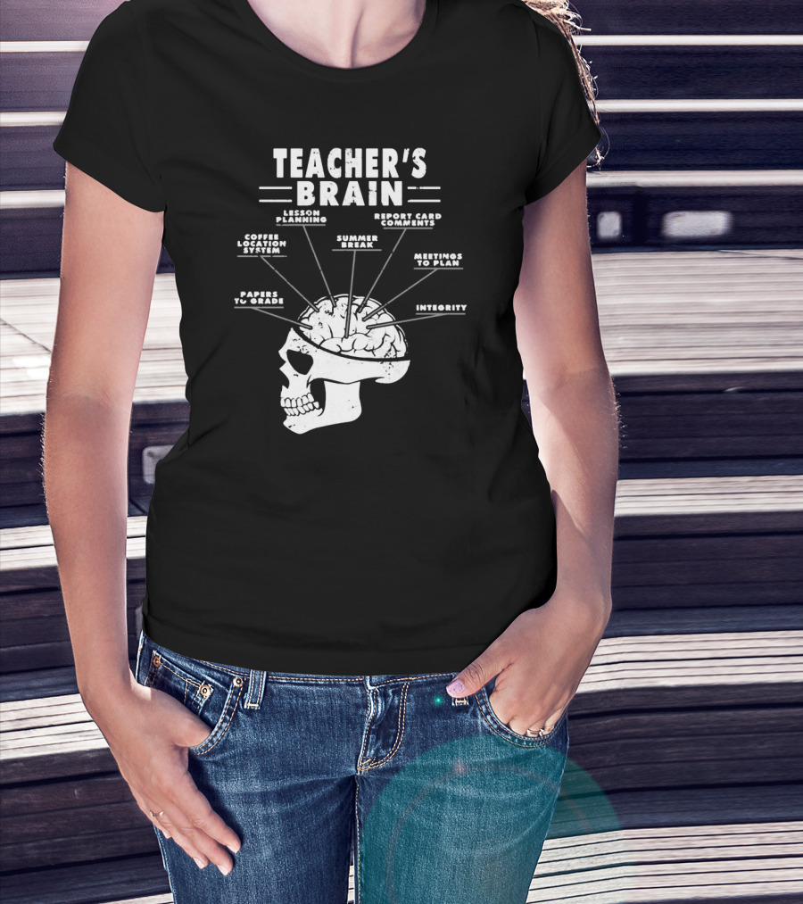 Teacher's Brain Funny Teacher Lesson Planning Report Card Comments Coffee Location System Summer Break Meetings To Plan Papers To Grade Integrity T-Shirt