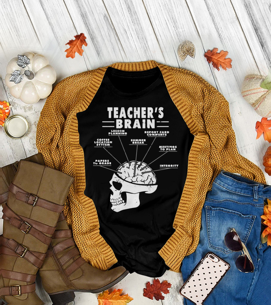 Teacher's Brain Funny Teacher Lesson Planning Report Card Comments Coffee Location System Summer Break Meetings to Plan Papers to Grade Integrity T-Sh