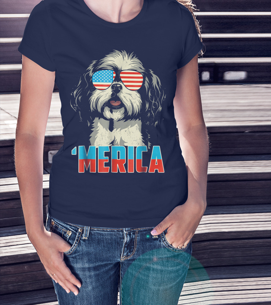 Patriotic Shih Tzu 'Merica With American Flag Sunglasses T-Shirt