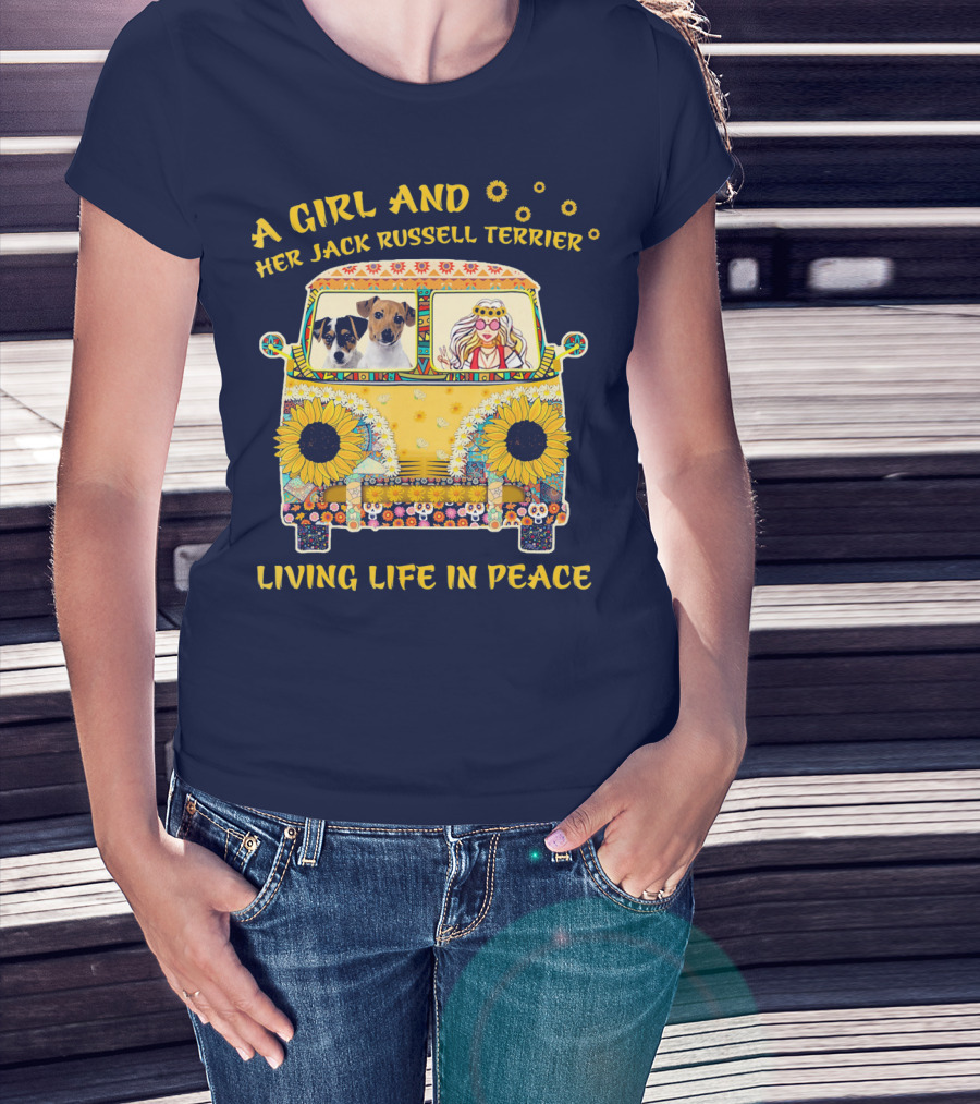 A Girl And Her Jack Russell Terrier Living Life In Peace Hippie Van With Sunflowers T-Shirt