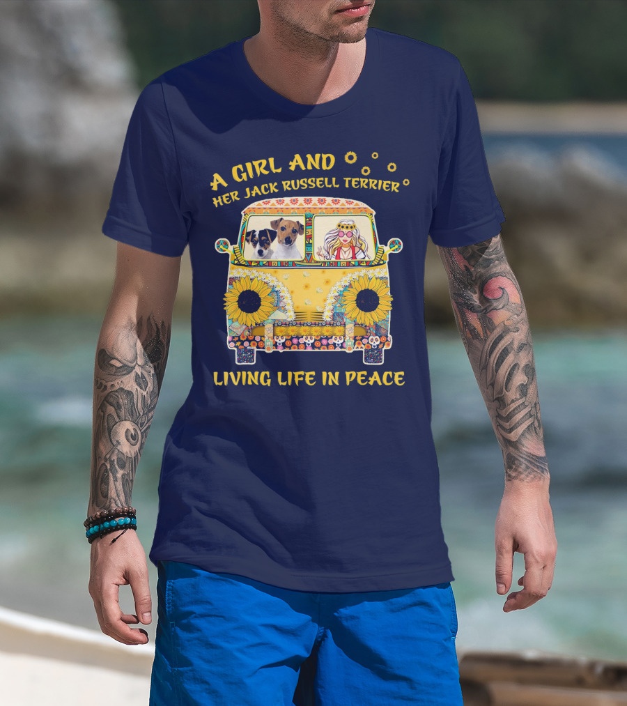 A Girl And Her Jack Russell Terrier Living Life In Peace Hippie Van With Sunflowers T-Shirt