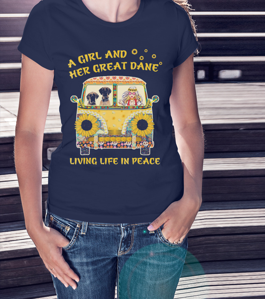 A Girl And Her Great Dane Living Life In Peace Sunflower Van T-Shirt