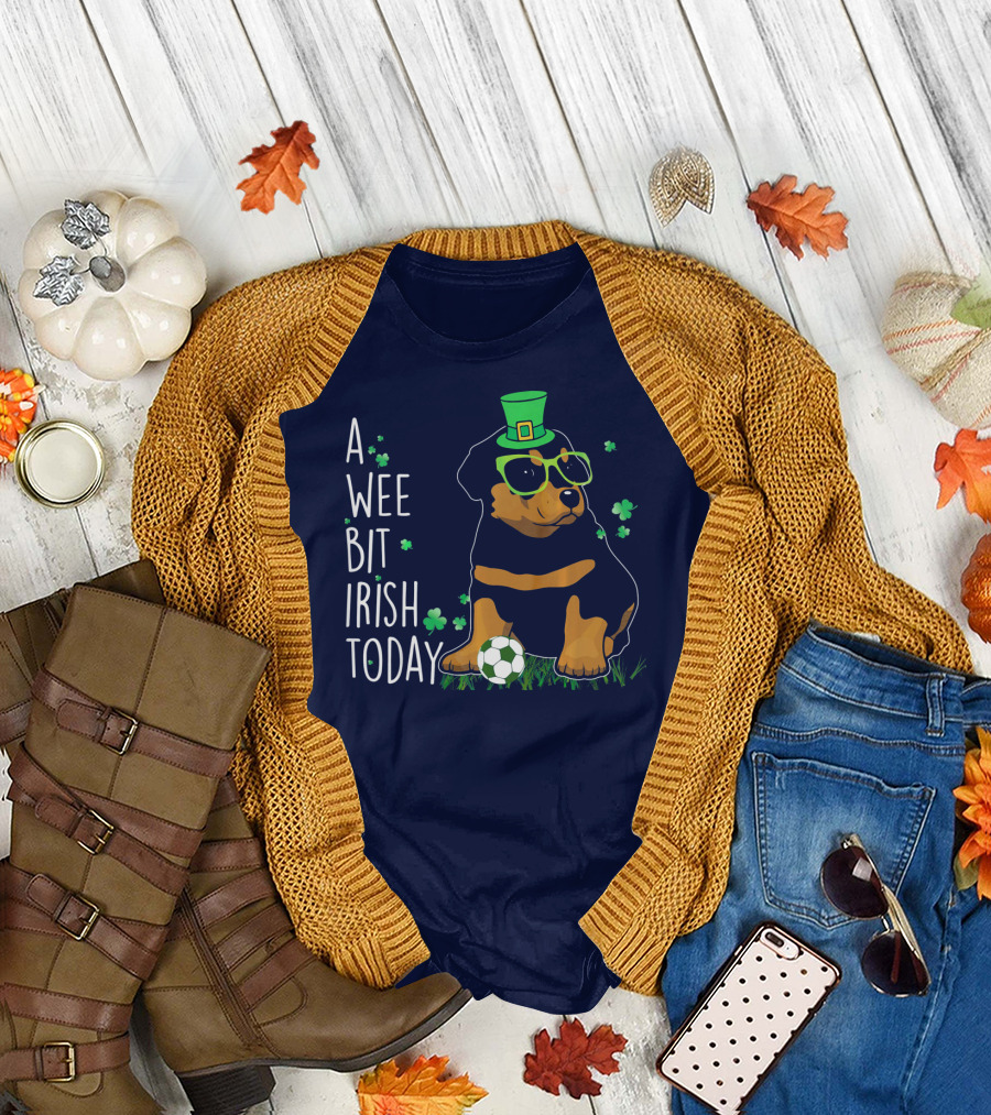 A Wee Bit Irish Today Rottweiler Wearing Green Hat and Glasses with Soccer Ball T-Shirt