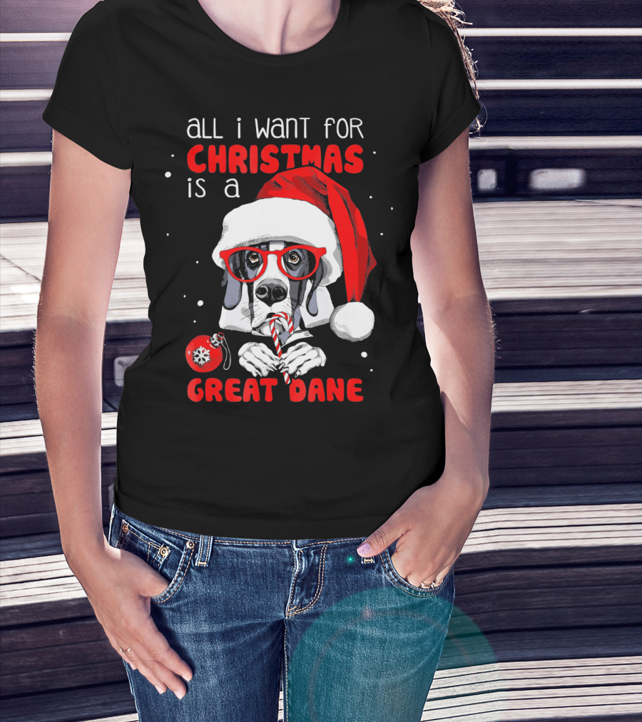 All I Want For Christmas Is A Great Dane Santa Hat Red Glasses Candy Cane T-Shirt
