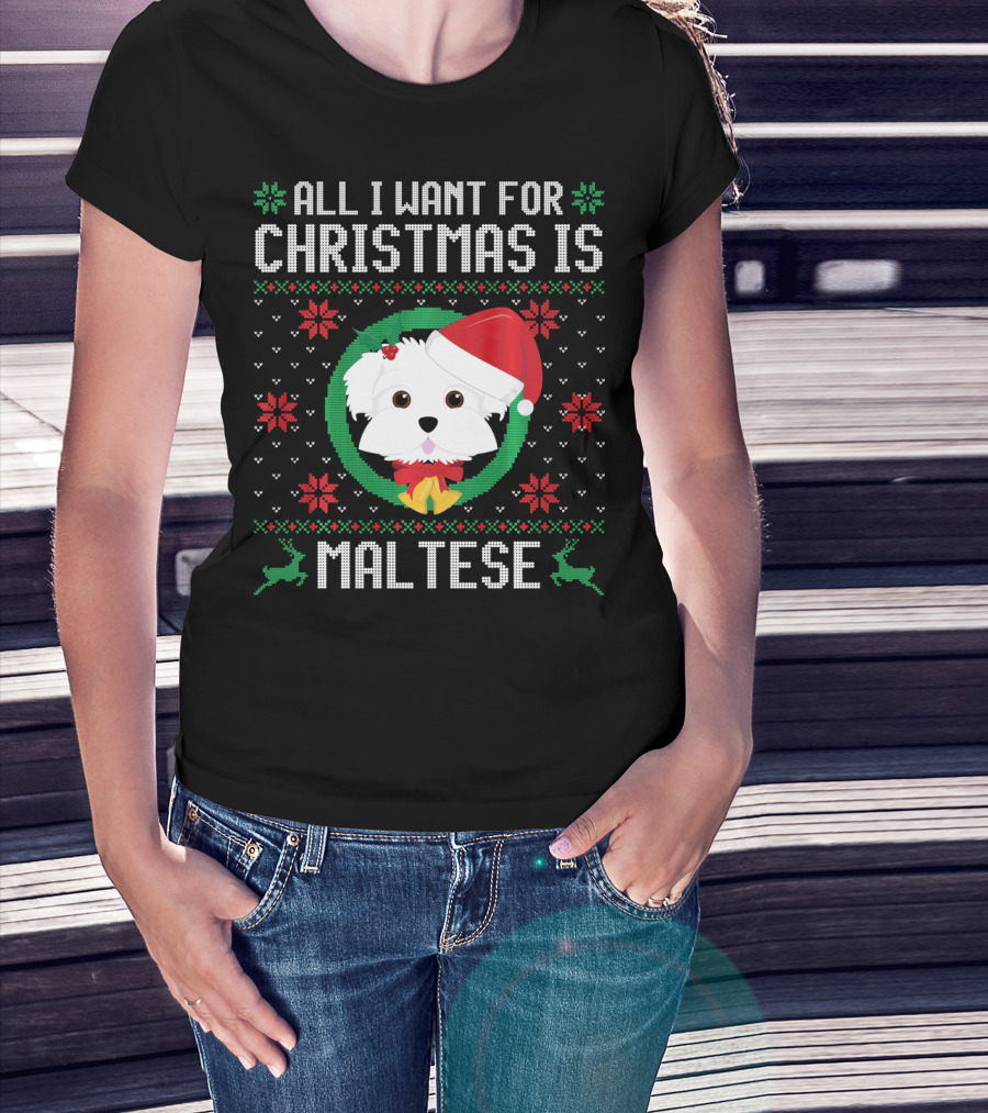 All I Want For Christmas Is Maltese Dog Santa Hat Festive T-Shirt