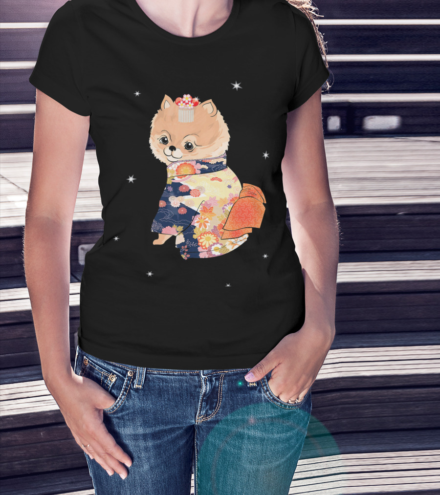 Pomeranian Dog In Floral Kimono With Stars T-Shirt