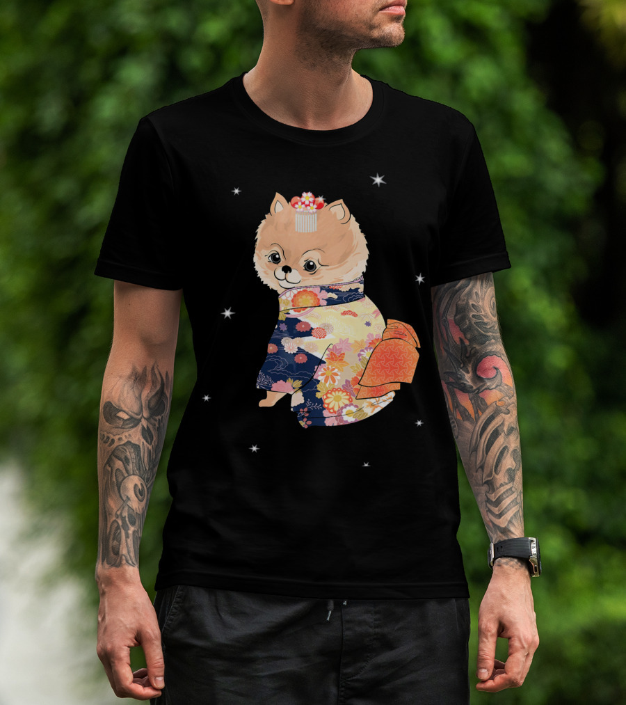 Pomeranian Dog In Floral Kimono With Stars T-Shirt