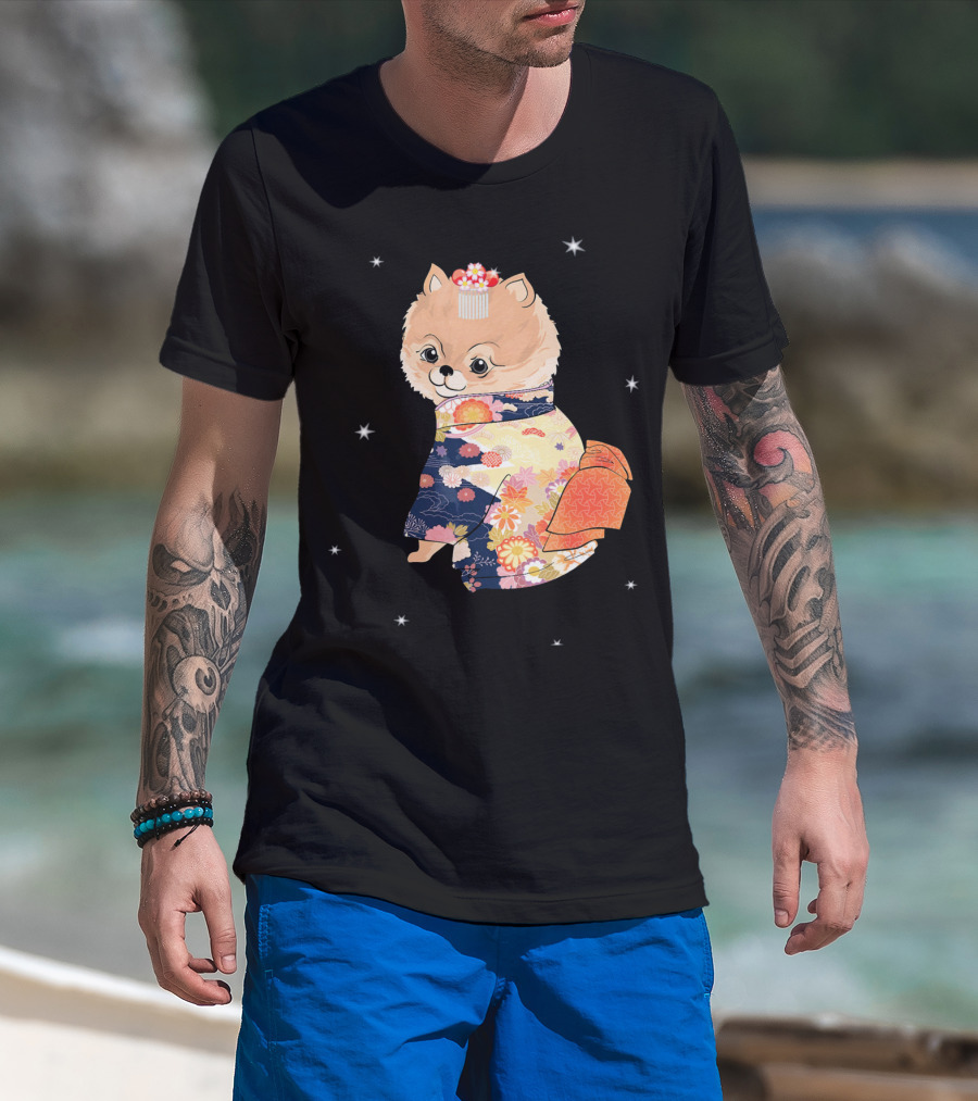 Pomeranian Dog In Floral Kimono With Stars T-Shirt