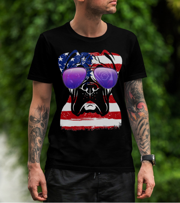 Boxer Dog With American Flag Sunglasses Patriotic T-Shirt