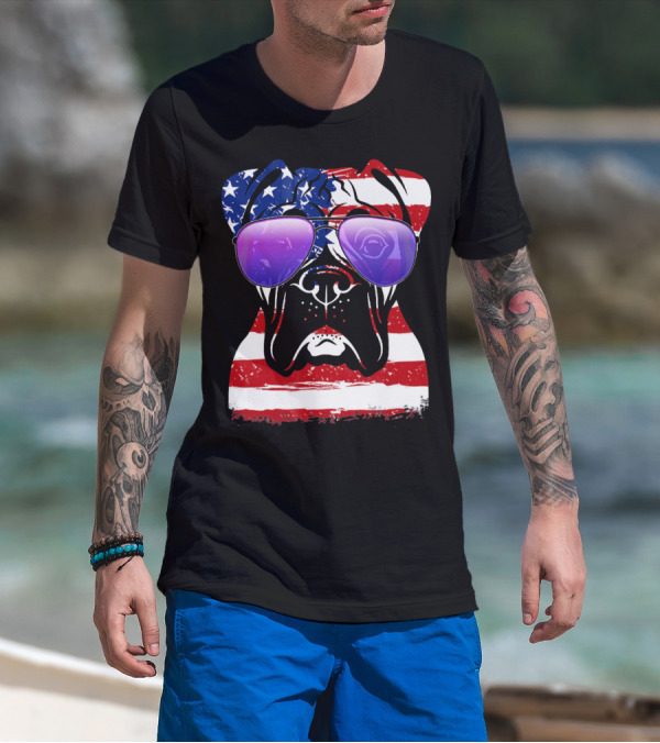 Boxer Dog With American Flag Sunglasses Patriotic T-Shirt