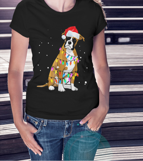 Boxer Dog Wrapped In Christmas Lights With Santa Hat T-Shirt