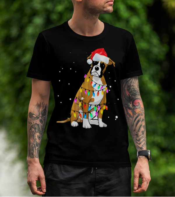 Boxer Dog Wrapped In Christmas Lights With Santa Hat T-Shirt