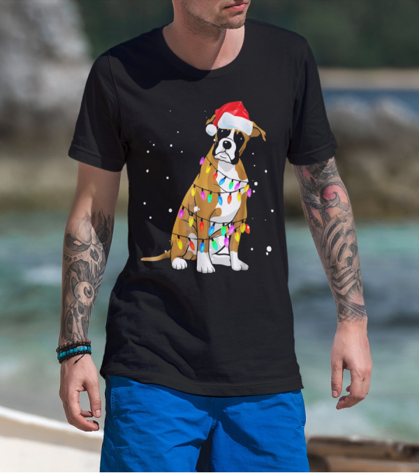 Boxer Dog Wrapped In Christmas Lights With Santa Hat T-Shirt