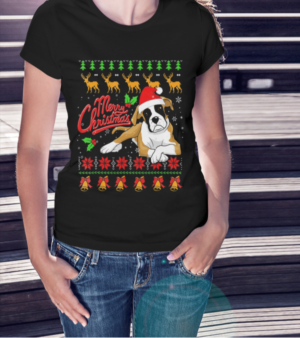 Merry Christmas Boxer Dog Santa Hat Reindeer Snowflakes T-Shirt