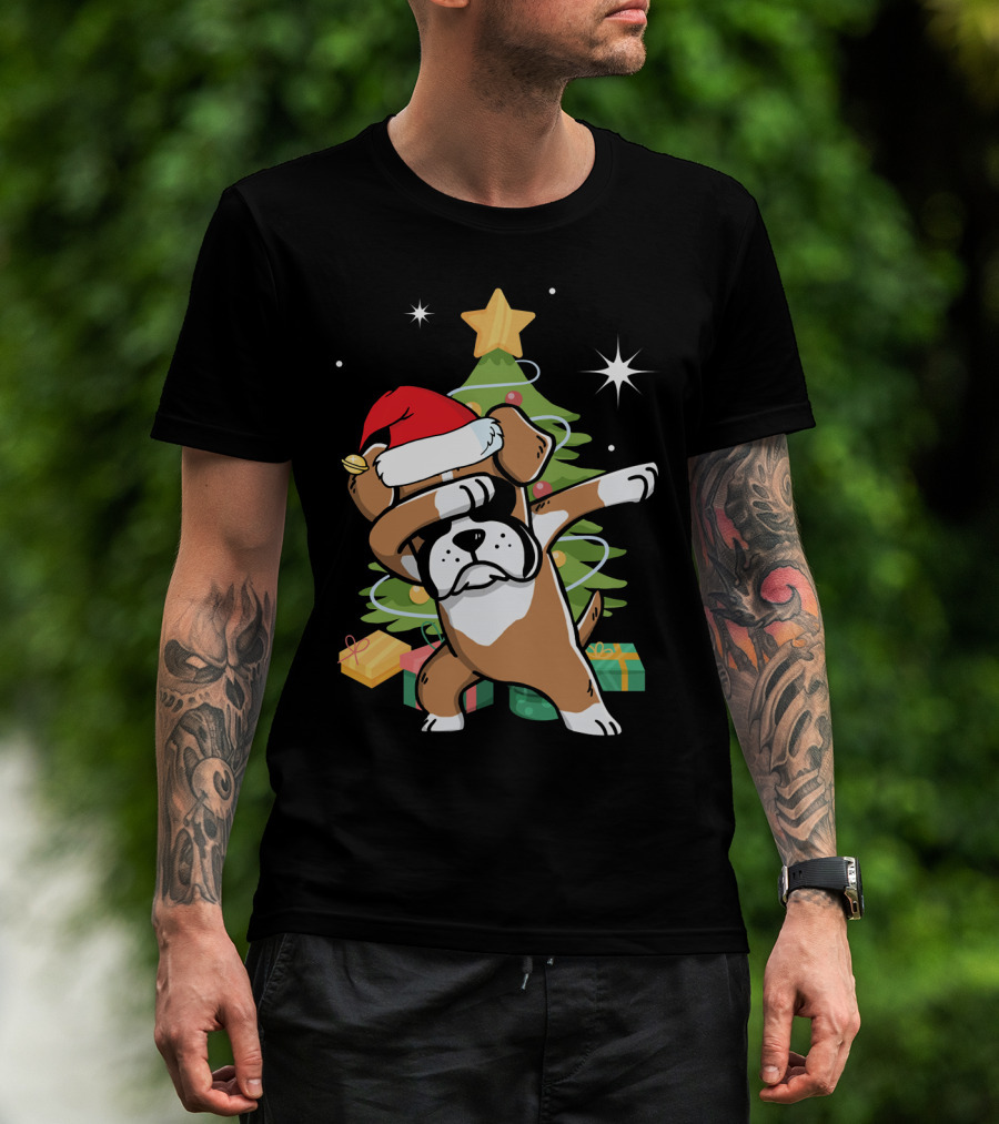 Christmas Boxer Dog Dabbing In Front Of Tree With Gifts T-Shirt