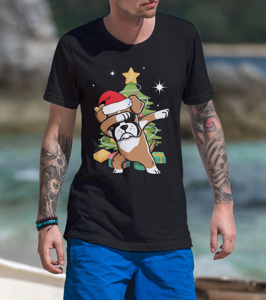 Christmas Boxer Dog Dabbing In Front Of Tree With Gifts T-Shirt