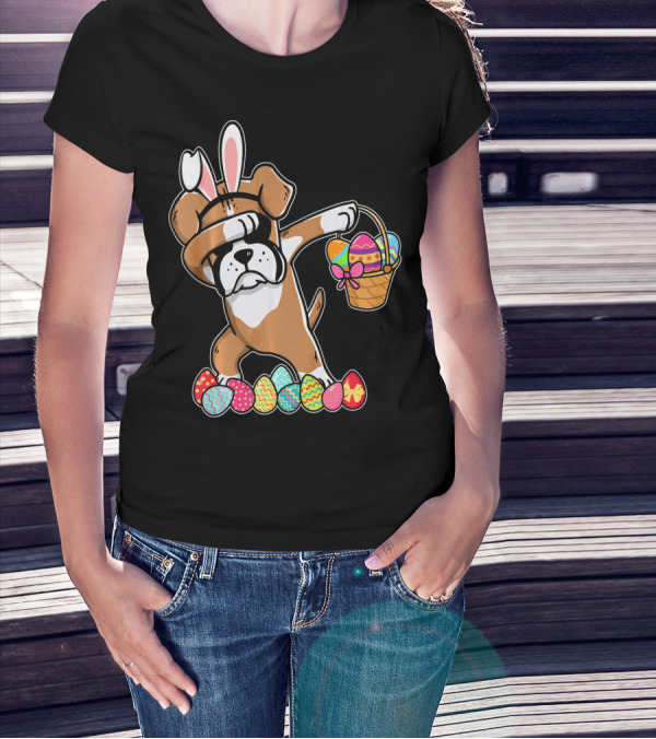 Boxer Dabbing As Easter Bunny With Basket And Eggs T-Shirt