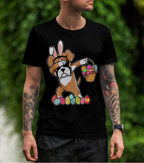 Boxer Dabbing As Easter Bunny With Basket And Eggs T-Shirt