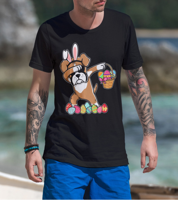 Boxer Dabbing As Easter Bunny With Basket And Eggs T-Shirt