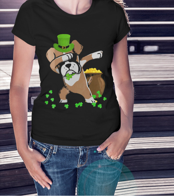 Boxer Dabbing St Patricks Day Dog With Leprechaun Hat And Pot Of Gold T-Shirt