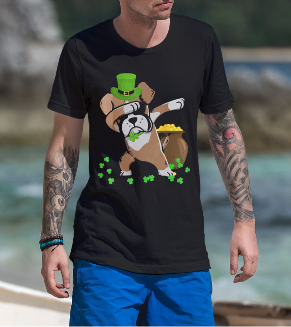 Boxer Dabbing St Patricks Day Dog With Leprechaun Hat And Pot Of Gold T-Shirt