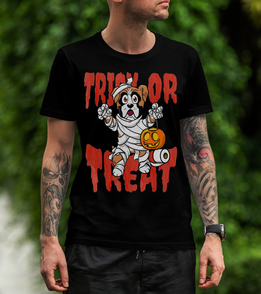 Trick Or Treat Boxer Dog Mummy With Pumpkin And Toilet Paper Rolls T-Shirt